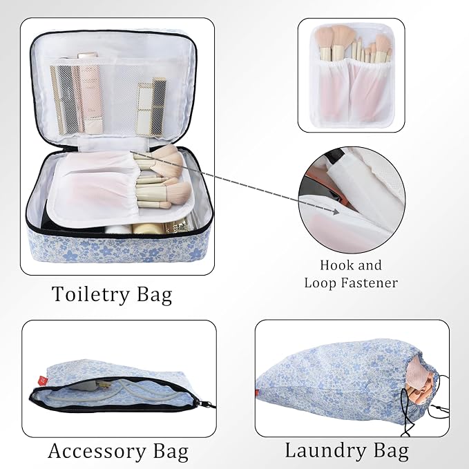 U+U 8 Set Compression Packing Cubes, Travel Organizers (Blue Flower) | Space-Saving & Lightweight Travel - Image 4