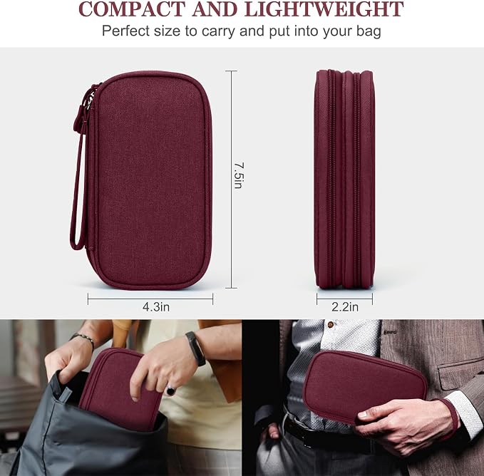 FYY Electronic Organizer, Travel Tech Pouch Bag, Cable Organizer Wine Red | Wrist Strap, Waterproof, Double Layers Portable Electronics Travel Carrying Case for Cord, Charger, Daily Business Trips Use - Image 2
