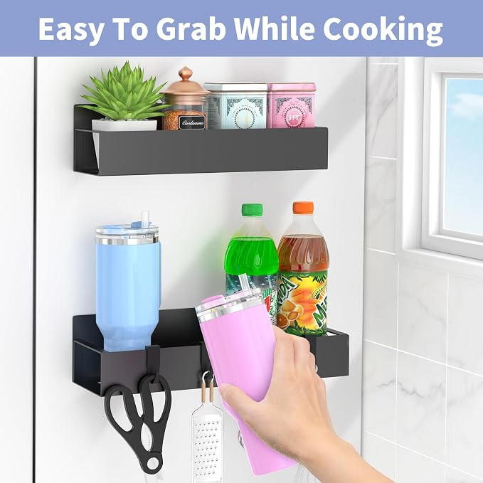 2 Pack Magnetic Spice Rack for Refrigerator Black | Magnetic Cup Holder for Fridge, Magnetic Fridge Shelf with Hooks, Kids Sippy Cup Holder Kitchen - Image 4