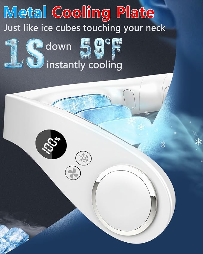 Neck Fan with Cooling Plate-24H Quiet Powerful Fans that Blow Cold Air-5 Speed&Power LED Display-USB 5500mAh Bladeless Wearable Personal AC Cooler for Women,Men,Kids,Travel,Outside,Indoor White - Image 2