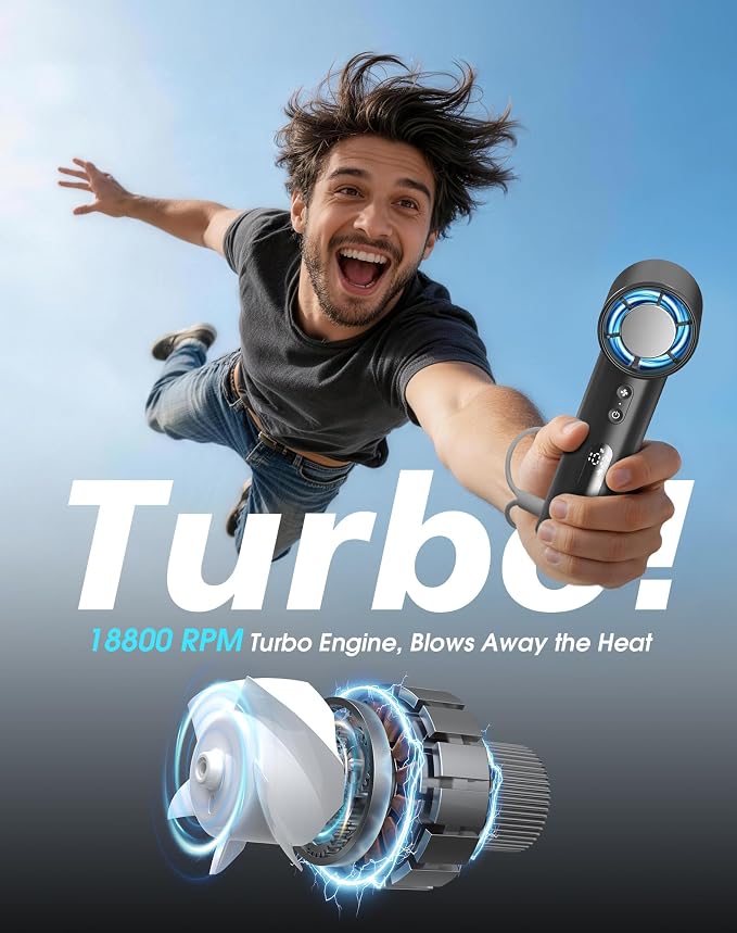 Portable Handheld Fan, Turbo Power 18800 RPM Fast Charge Digital Display 100 Speeds Adjustable, Mini Pocket Design Birthday Gifts for Women Men Travel Cruise Camping Outdoor, Black - Image 4