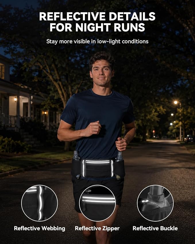 UTOBEST Running Hydration Belt with 2 Soft Flasks, 6-Pocket Waist Pack B5 | 2×200ml Soft Flasks, Waterproof Phone Pocket, Fits Phones Up to 6.9", Reflective Trim, Bib Clip for Race, Marathons, Training - Image 7