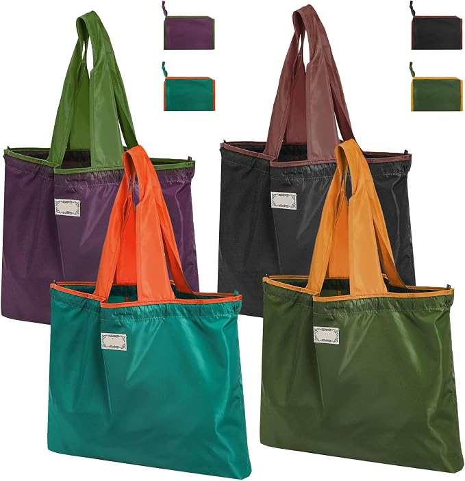 Covzoe 4 Pack Reusable Shopping Bags with Handles | Foldable Grocery Bags Fits in Pocket, Large Washable Tote Bag Beach Bag for Kitchen Travel Shopping, Drawstring Closure by Covzoe