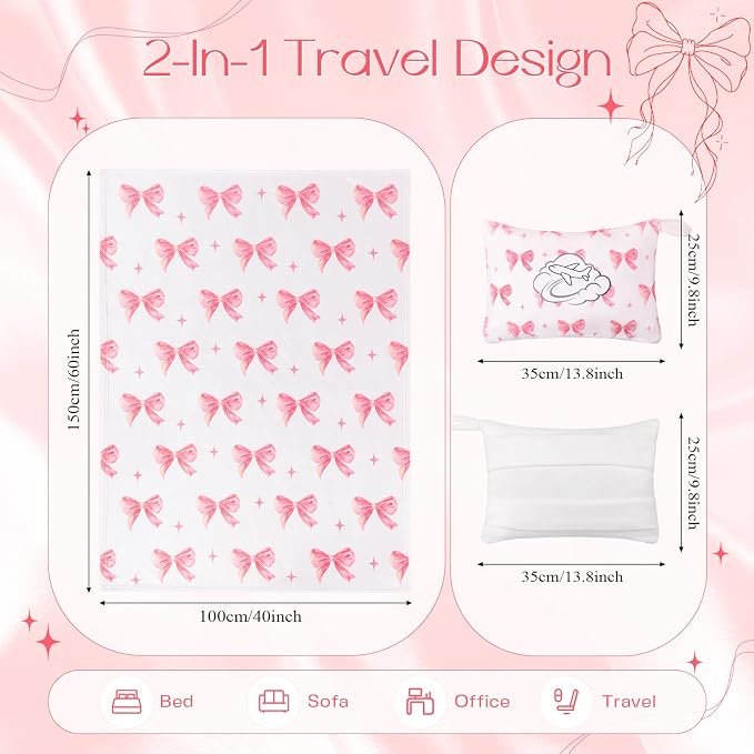 Pink Blue Bow Travel Blanket Airplane and Pillow Compact 2 in 1 Soft Fleece Travel Blanket and Pillow Set with Luggage Sleeve Backpack Clip Compact Airplane Essentials Gifts, 40"x60" (Pink) - Image 2