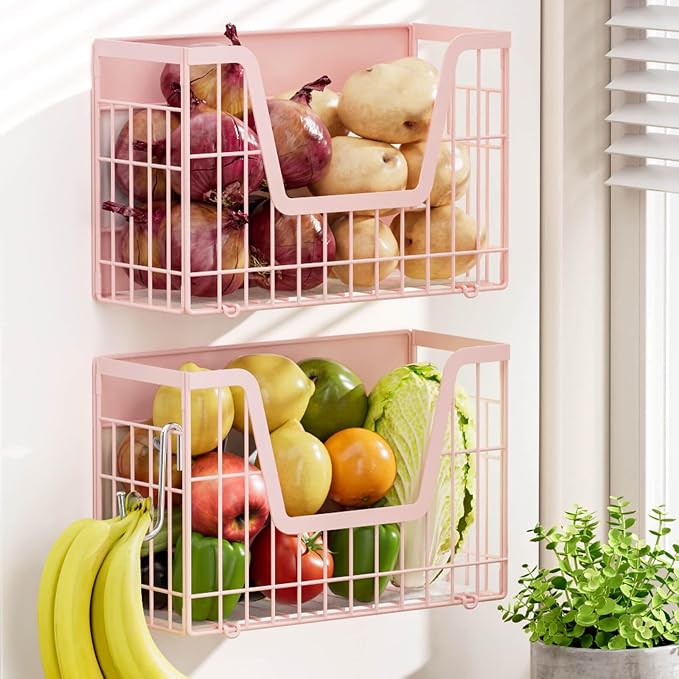 Pink Magnetic Shelf for Fridge, 2 Set Magnetic Fruit Baskets for Refrigerator Magnet Shelves, Potato and Onion Storage Bins, Magnet Holder Wire Basket for Laundry Room Pantry Kitchen Organizer by YIWANFW