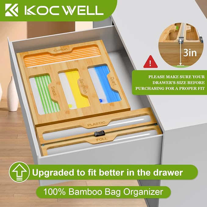 KOCWELL Bamboo Bag Storage Organizer - 2 Wrap Dispenser with Cutter & 4 Slots Food Storage Bags Container - Kitchen Drawer Plastic Bags Storage Organization for Gallon Quart Sandwich Snack Bags - Image 2