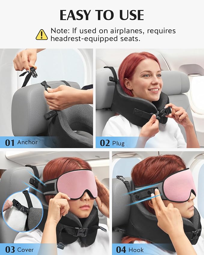 YFONG Travel Pillow with Head Support & Sleep Mask for Long Flights, Pink | Patented 360° Support System, Prevents Bobbing, Airplane Head Strap, 3D Eye Mask, Memory Foam Neck Pillow, Travel Essential - Image 6