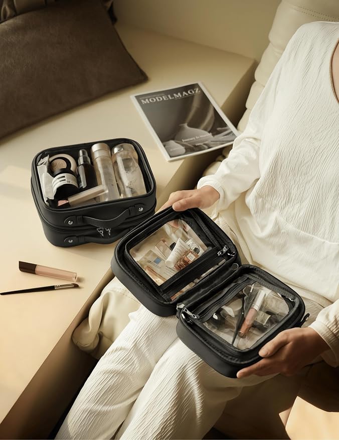 Clear Cosmetic Bag Double Layer Travel Toiletry Bag Clear Makeup Bag Case with 4 Compartments, Transparent Travel Bag for Toiletries, Large Toiletry Bag for Women Cosmetic Case (Black, Small) - Image 5