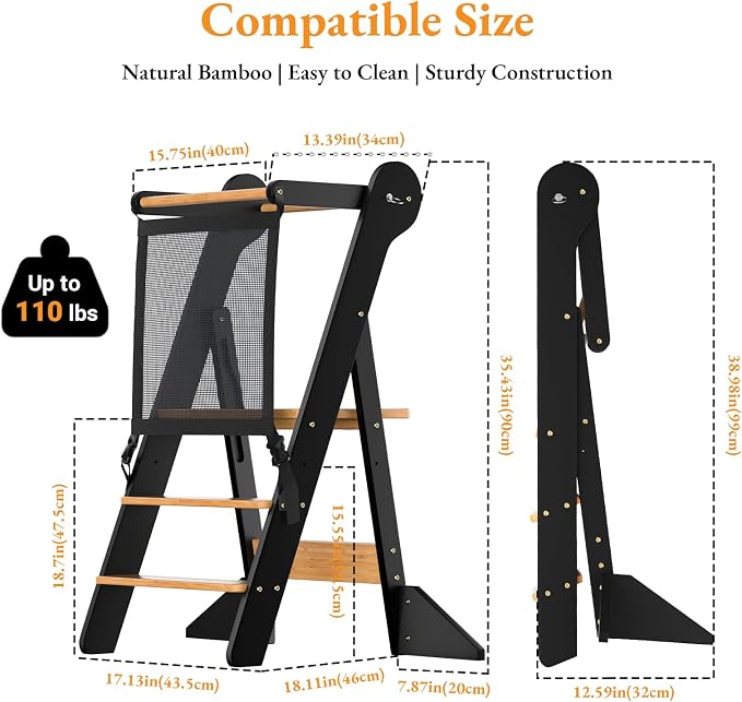 COSYLAND Toddler Standing Tower Foldable Toddler Kitchen Step Stool | Adjustable Height Folding Step Stool for Kids Learning, Cooking - Ages 18 Months-6 Years with Safety Net Natural & Charcoal - Image 8