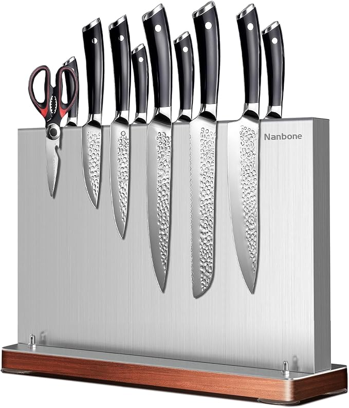Magnetic Knife Block Stand Without Knives Double Sided Magnetic Knife Holder Rack for Kitchen Counter Stainless Steel Knife Magnetic Strip Display Stand Storage Organizer with Wood Base by Nanbone