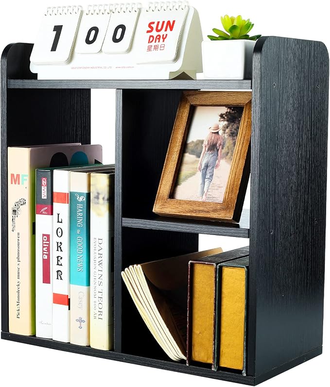 Desktop Shelf Freestanding Wood Small Bookshelf Desk Supplies Organizers and Accessories Storage Display Rack Office Decor for Women, Black - Image 4