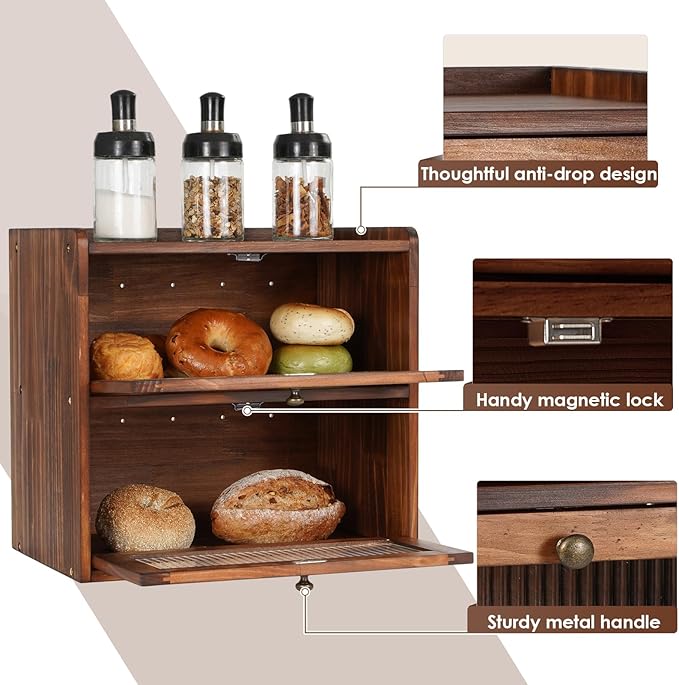 Sunhoo Bread Box for Kitchen Countertop Wooden Bread Storage Container Bin 2 Layer Breadbox Holder Large Capacity Keeper Vintage Farmhouse Food Organizer Pantry Shelf Acrylic Window (Brown) - Image 4