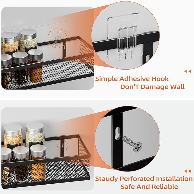 Spice Rack Wall Mount, 4 Pack Pantry Door Organizer & Hanging Storage Baskets Organizer Wall Mount, Large Capacity Metal Spice Shelf for Kitchen Cabinet, Pantry Doors, Bathroom, Shower, Home Decor - Image 3