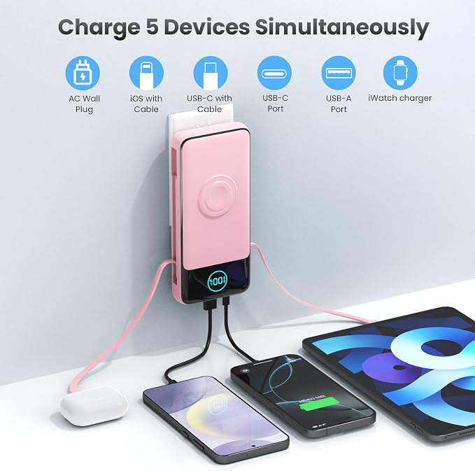Portable Charger for iPhone with Built-in Cables and AC Wall Plug,26800mah Fast Charging USB C Power Bank,25W PD Travel Essential Battery Pack for iPhone 17/16/15/14/13,Galaxy,Apple Watch (Pink) - Image 4