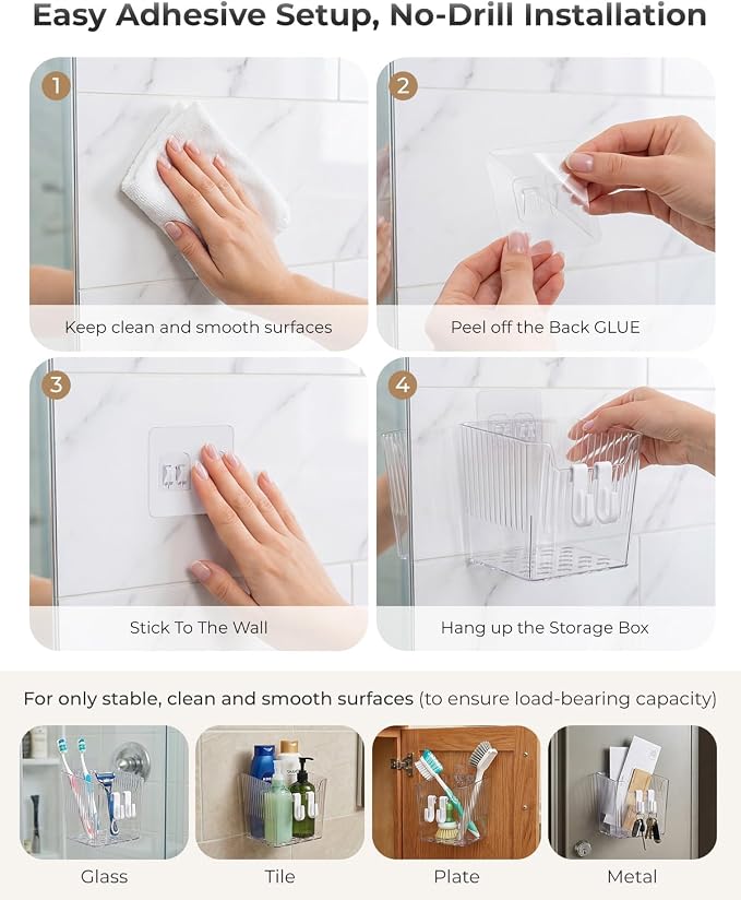Wall Mount Organizer, 8 Hooks and 6 Pack Cabinet Door Storage Bins, Space-Saving Adhesive Bathroom Wall Organizer, Clear Wall Storage for Office, Cabinet, Pantry, Kitchen, Makeup - Image 3