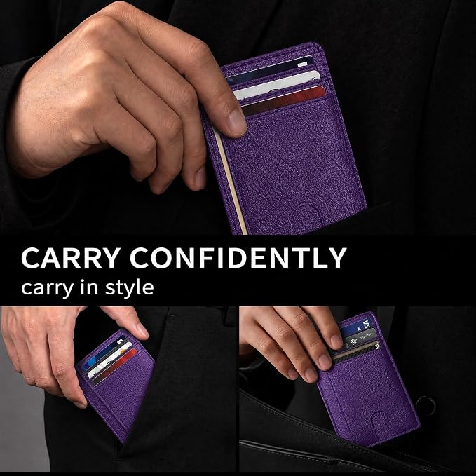 Slim Minimalist Front Pocket RFID Blocking Leather Credit Card Holder, Small Compact Wallet with ID Window for Men and Women (Purple) - Image 4