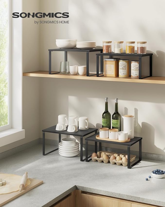 SONGMICS Cabinet Organizer Shelf, Set of 2 Kitchen Counter Shelves, Kitchen Storage, Spice Rack, Stackable, Expandable, Metal and Engineered Wood, Ink Black and Charcoal Black UKCS02B01 (Pack of 2) - Image 2