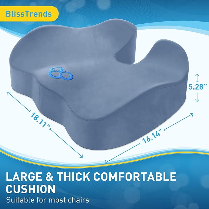 BlissTrends Thick Seat Cushion for Office Chair & Car Seat, XL, LightBlue | 5.2in Memory Foam with Removable Velvet Cover, Ergonomic Tailbone & Sciatica Support for Pressure Relief and Long Sitting - Image 2