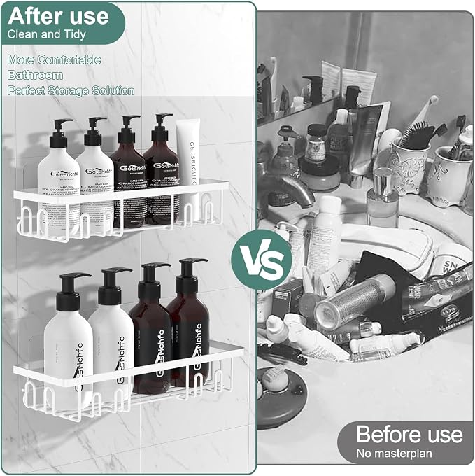Getsrichfc Shower Caddy Adhesive, Rustproof Shower Shelves for Inside Shower, Large Capacity Bathroom Organizers and Storage, Shower Storage with Removable Hooks, No Drill Bathroom Accessories White - Image 2