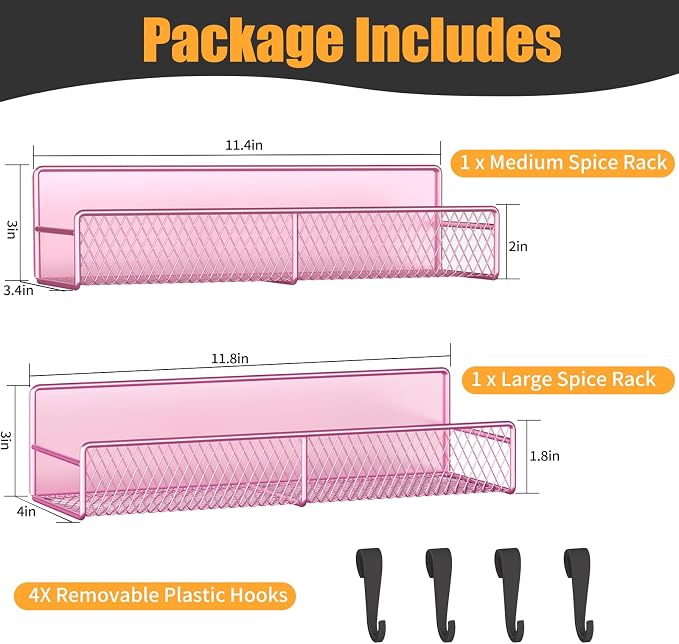 Magnetic Spice Rack for Refrigerator, 2 Pack Metal Magnetic Shelf Pink, Moveable Spice Organizer with Hooks, Super Magnetic Fridge Shelf for Kitchen Organization and Storage - Image 2