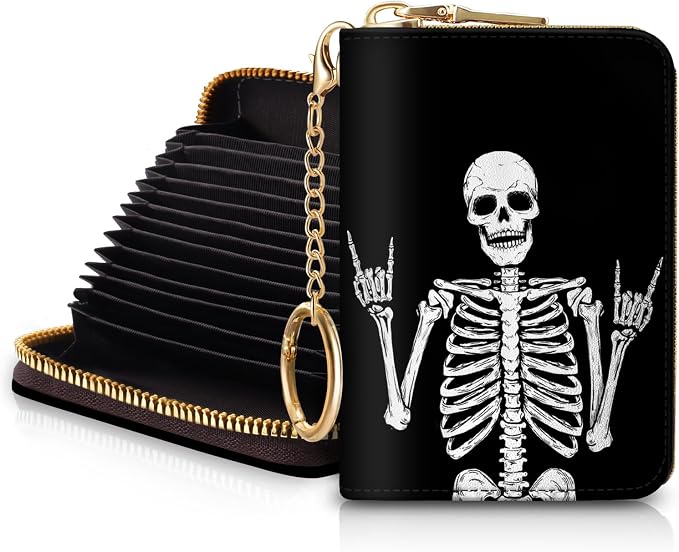 Blusabaca RFID Credit Card Holder Small Women Travel Wallet, Skull Skeleton | Removable Keychain, Case with Zipper, Vegan PU Leather, Cash Coin Pocket, Business Accordion Purse, Ladies Female Gift by Blusabaca