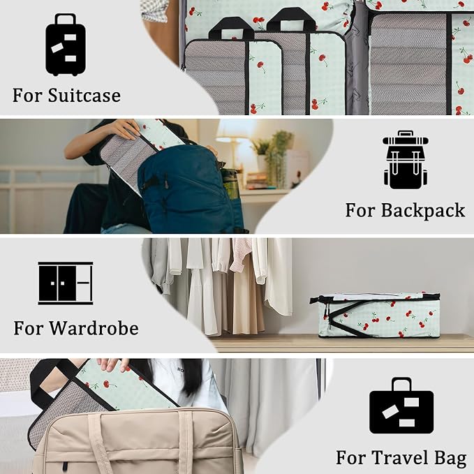 U+U 6 Set Compression Packing Cubes, Travel Organizers (Sage Green Cherry) | Space-Saving & Drawstring Bag Included - Image 7