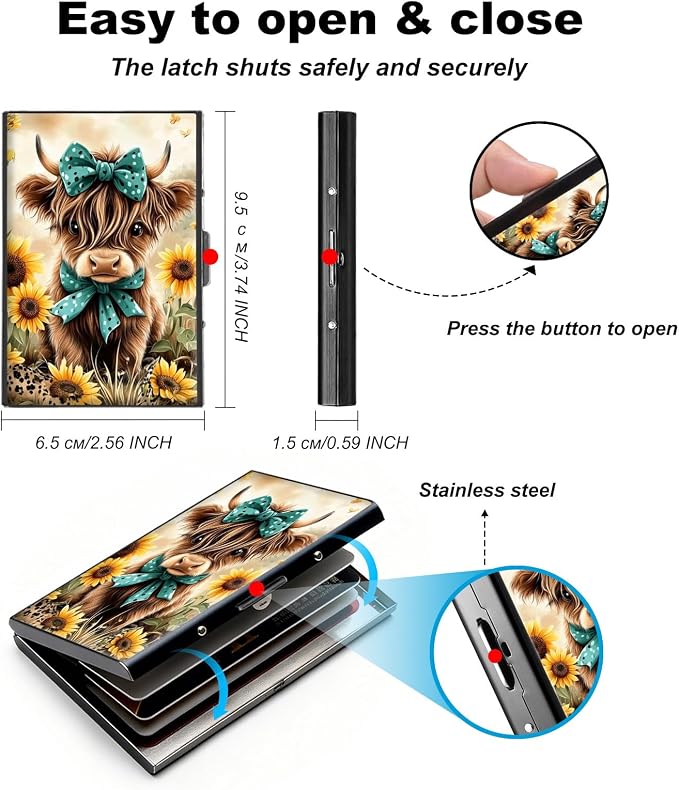 Metal Wallet,Credit Card Holder for Women,Slim RFID Blocking Credit Card Holder Thin Aluminum Wallet ID Case,6 Slot Business Mini Hard Metal Case for Women/Men,Flower Highland Cow - Image 5