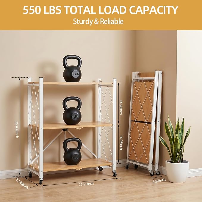 3-Tier Folding Storage Shelves with Wheels – No Assembly, Heavy Duty Collapsible Rolling Shelf Unit for Kitchen, Bedroom, Living Room - Image 2