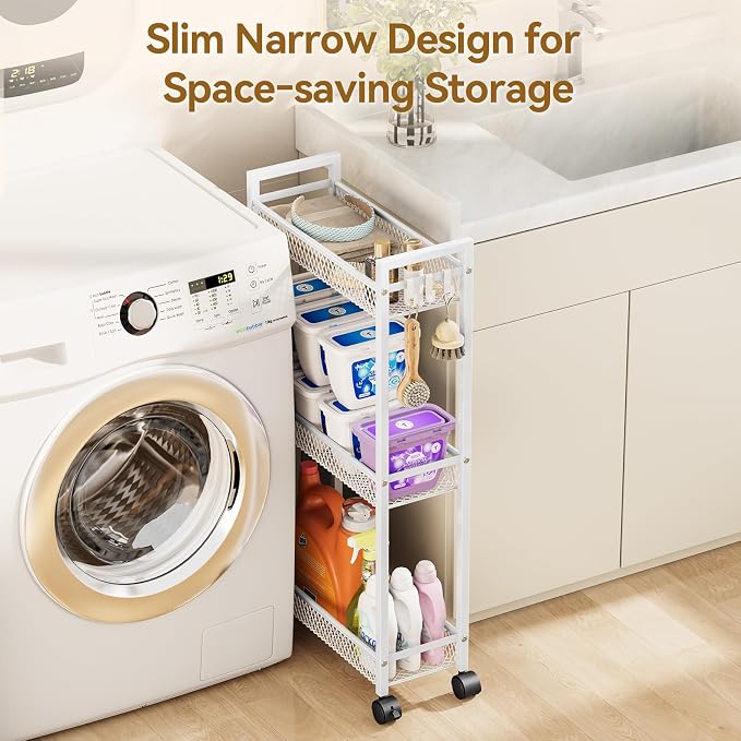 Slim Rolling Storage Cart, Metal 3 Tier Bathroom Storage Organizer Laundry Room Utility Cart for Kitchen, Bthroom, Makeup, Craft, Laundry Narrow Places, White - Image 2