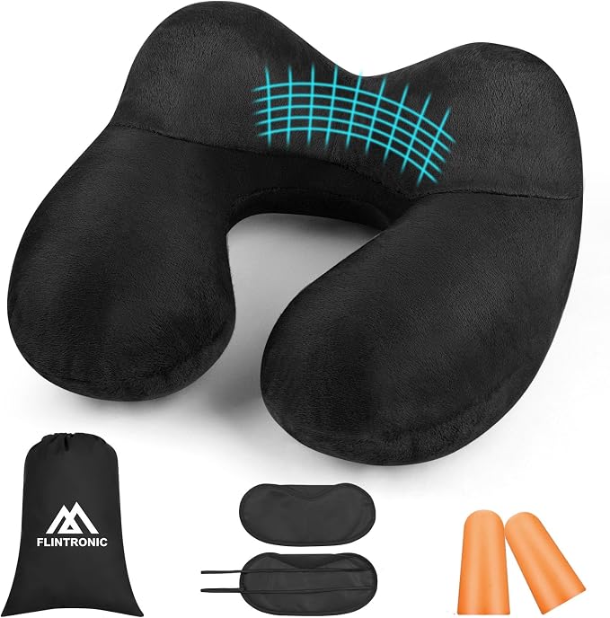 flintronic Inflatable Travel Pillow, Inflatable Travel Pillow for Airplane, Soft Velvet Neck Support, Lightweight Ergonomic Sleeping Neck Pillow for Airplane, Train, Car, Office -Black by flintronic