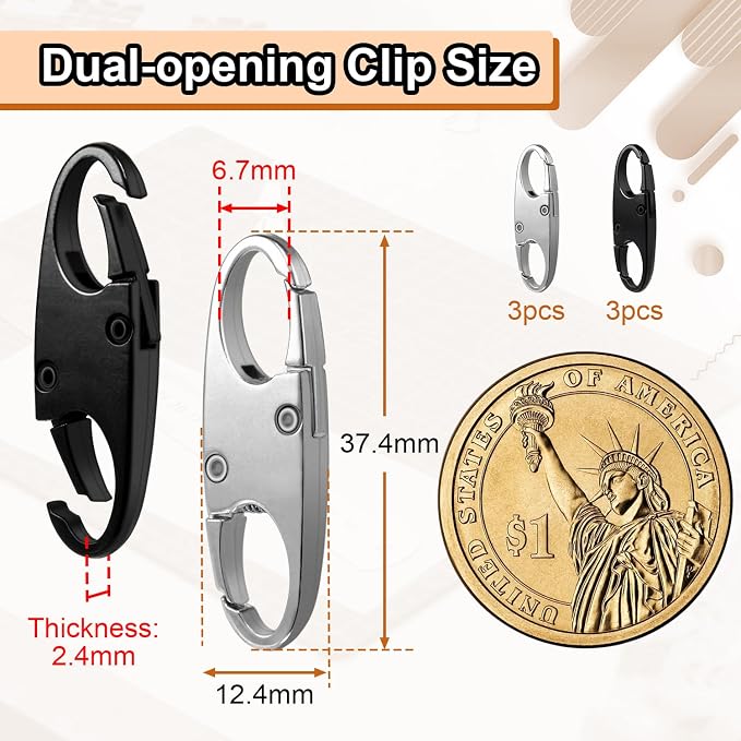 6pcs Anti Theft Zipper Lock Clips for Bag Pull Replacement, Silver & Black | Zinc Alloy Double Opening Small Carabiner Clips Anti Theft Zipper Clip for Keychain Charm, Luggage Bag Lock, Travel & Camping - Image 2