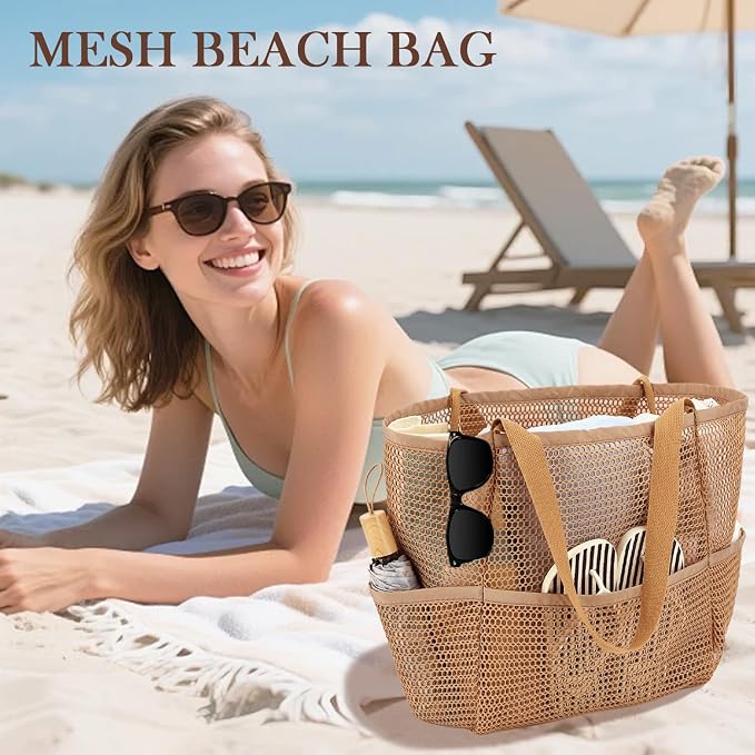 Fammart Mesh Beach Bag for Women, Summer Straw Tote Hobo Pool Bags with Zipper Pocket, Travel Vacation Cruise Essentials 2026 - Image 2