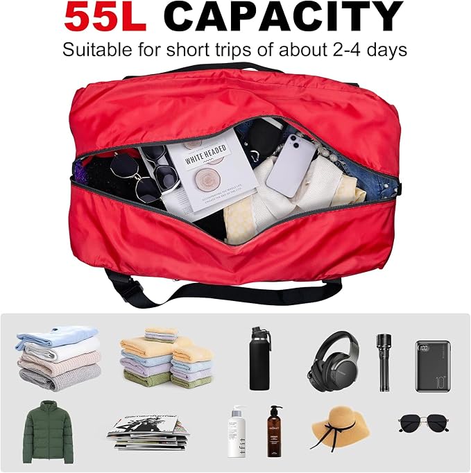 HOLYLUCK Foldable Travel Duffel Bag Luggage Great for Gym -55L, Red - Image 3