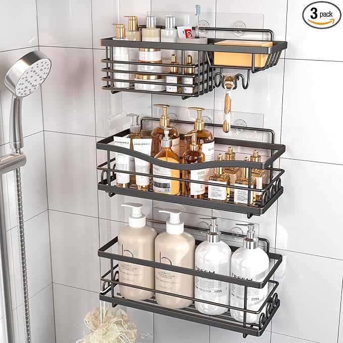 Youvip Shower Caddy, 3 Pack, Black | Large Capacity, No Drilling Adhesive, Rustproof Shelves, Soap Holder by YOUVIP