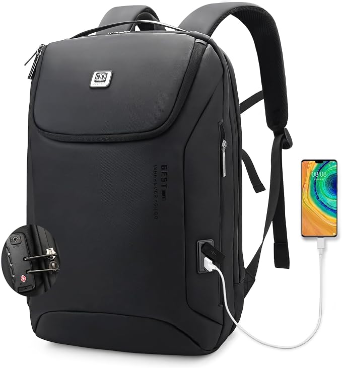 JODEBES 15.6 Inch Business Work Backpack with TSA Lock, Black | Water-resistant Laptop Backpack with USB Charging Port, Travel Carry On Bag for Men Women, Large Opening, Luggage Strap by JDJODEBES