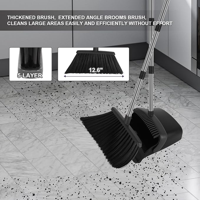 Black Broom and Dustpan Combo Set, 55" Long Handle Broom | Large Area Outdoor Cleaning, Extended Reach Design, Built-in Comb Dustpan, Foldable Storage for Garage, Patio & Home - Image 8