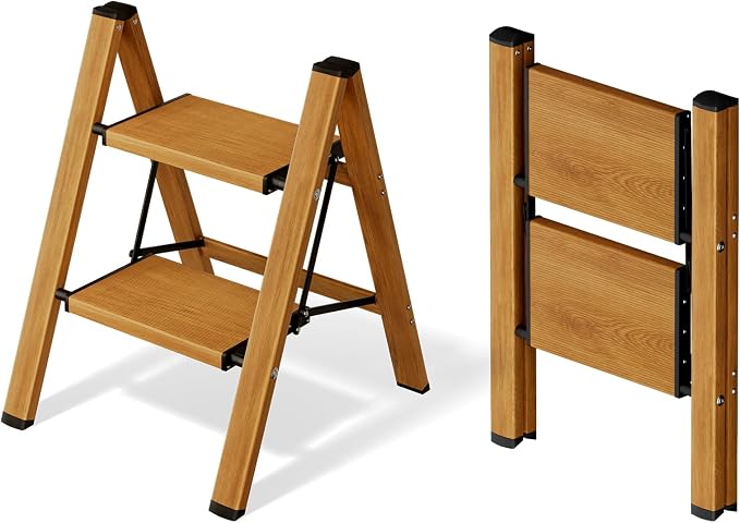 Mayi Plus 2 Step Stool Foldable, Aluminum, Lightweight Step Ladder | Extra-wide anti-slip folding steps with 330 lbs, for home,kitchen,office,outdoor,Woodgrain by MAYIPLUS