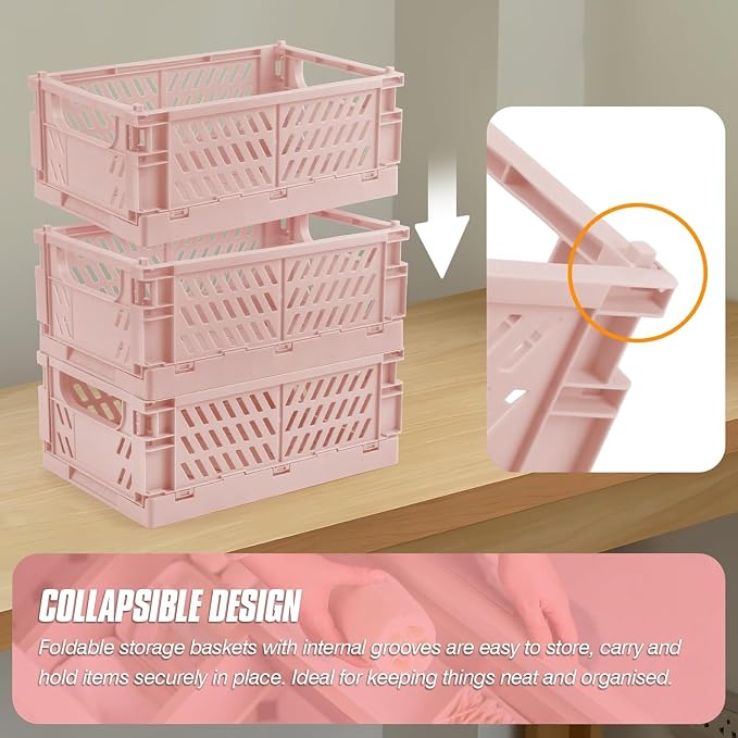4 Pcs Collapsible Storage Crates, 10x5.9x4 inches Space-Saving Folding Containers, Stackable Plastic Boxes for Home Kitchen Office Bedroom Bathroom, Pink - Image 4