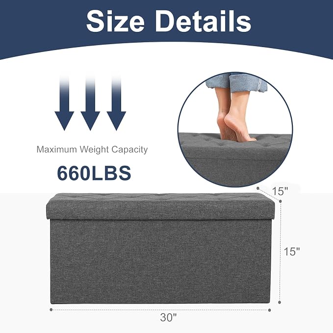 DUMOS 30 Inch Foldable Storage Ottoman Bench, Gray Ottoman with Storage | End of Bed Foot Stool with Foam Padded Seat, Linen Fabric Hidden Storage Chest for Bedroom, Living Room, Loads 660 LBS - Image 3