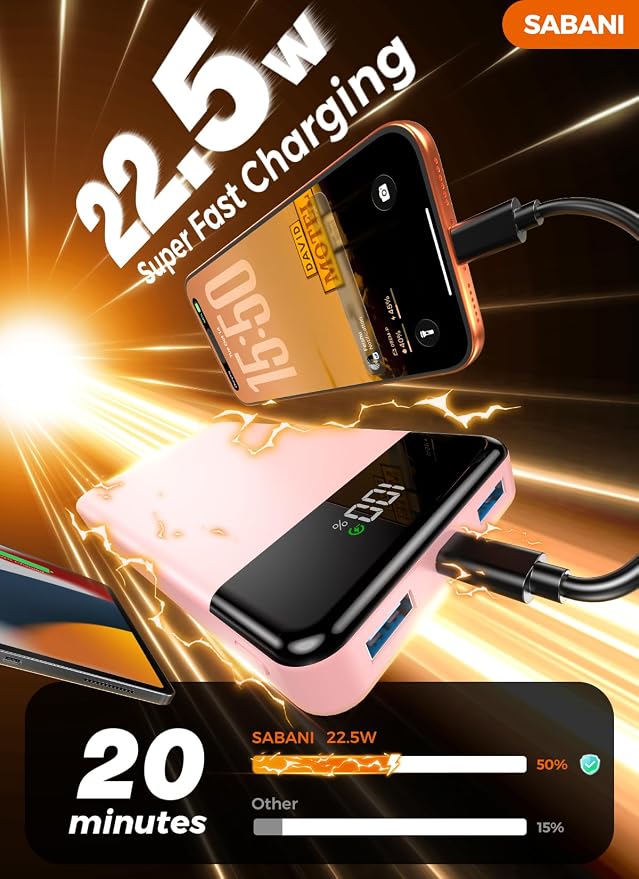 SABANI Portable Charger 35000mAh Power Bank, 4 Built in Cable Big Capacity | Ultra Slim, 22.5W Fast Charge, Travel Camping Essential, USB C External Battery Pack for iPhone Samsung Android, Pink - Image 3