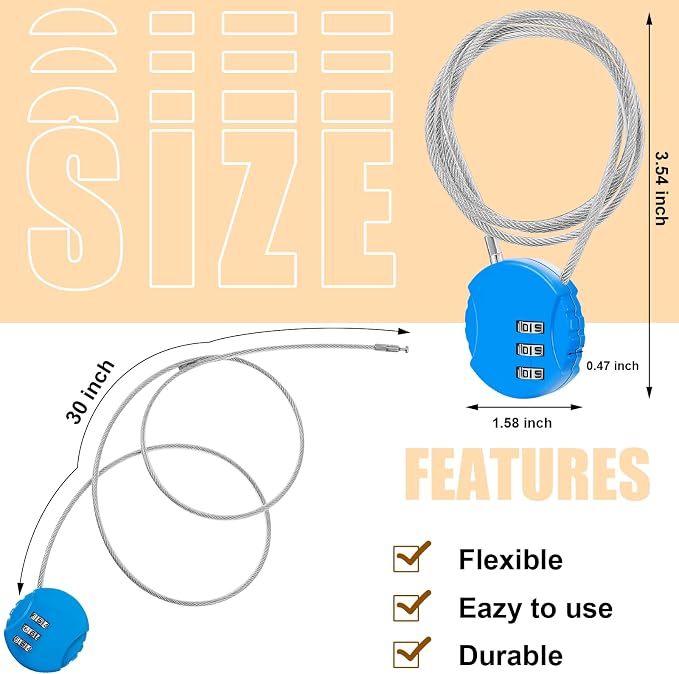 3 Pieces Cable Luggage Locks 3 Digit Combination Locks Combo Locks Wire Stroller Locks TSA Approved Padlocks for Travel Bike Backpack Cabinet, 30 Inch Wirerope (Black,Blue,Red) - Image 2