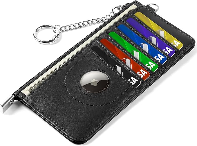 RFID Blocking Slim Credit Card Holder Wallet with Zipper Money Pocket & Keychain, Slim Airtag Wallet for Men Women by Ecovision