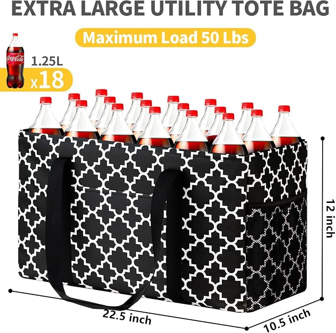 GhvyenntteS Extra Large Utility Tote Bag - Stand Up Utility Tote with Metal Wire Frame & Hard Bottom Board, Reusable Grocery Bags With Handles for Storage, Picnics, Beach, Pool, Laundry, Car, Camping | 22.5"×10.5"×12" - Image 5