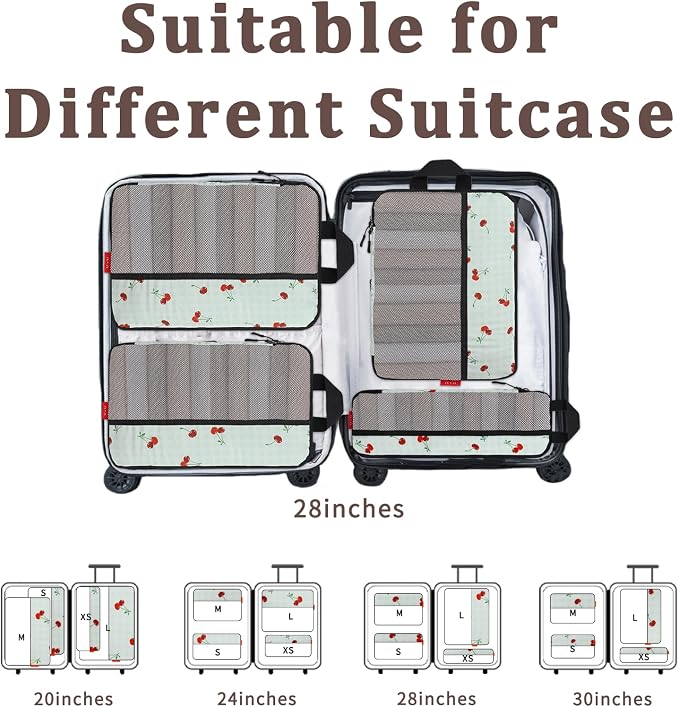 U+U 4 Set Compression Packing Cubes, Travel Organizers (Sage Green Cherry) | Space-Saving & Lightweight Travel - Image 6