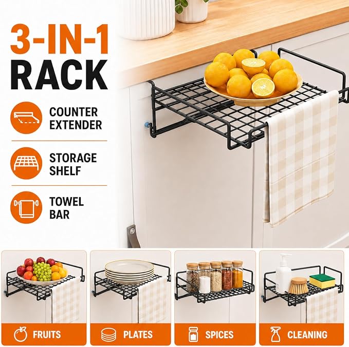 Kitchen Counter Extender, 1-Sec Foldable Over Cabinet Door & Drawer Organizer Shelf, No Drill Hanging Storage Rack Space Saver with Towel Bar for RV & Renters (Carbon Steel Black) - Image 5