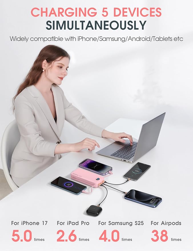 citicr Portable Charger 20000mAh PD20W w/Built-in Cables & Wall Plug Pink | High capacity, Fast charging, Built-in wall plug, LED display, Charge 5 devices at once, Pass through charging, TSA approved - Image 5
