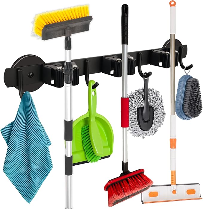 MUTUACTOR Heavy Duty Magnetic Broom Holder, 1PCS Mounting Broom and Mop Hanger, Anti-slip Black Magnetic Tool Holder 3 Slots and 4 Hooks for Fridge, Metal Door, Garage, Work Station by MUTUACTOR