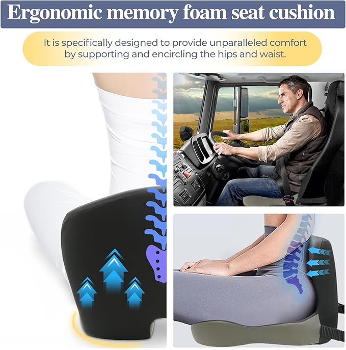 Memory Foam Seat Cushion for Sciatica & Back Pain Relief - Ergonomic Chair Pad with Adjustable Strap & Supportive Comfort Cover, Non-Slip for Car, Truck, Office Chair - Dark Gray&Light Gray - Image 3