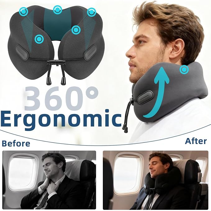 Ergonomic Travel Neck Pillow for Airplane, Memory Foam Support for Long Haul Flight Headrest, Soft Compact U Shaped for Adult Men Plane Sleeping, Portable Carry Box, Eyemask, Earplugs, Size L - Image 5