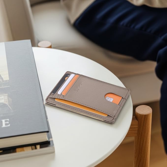 Buffway Slim Minimalist Front Pocket RFID Blocking Leather Wallets for Men and Women - Lichee Khaki - Image 7